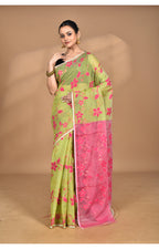 Morchari Pure Cotton Dhakai Jamdani Handloom Saree-Green | Grocsy