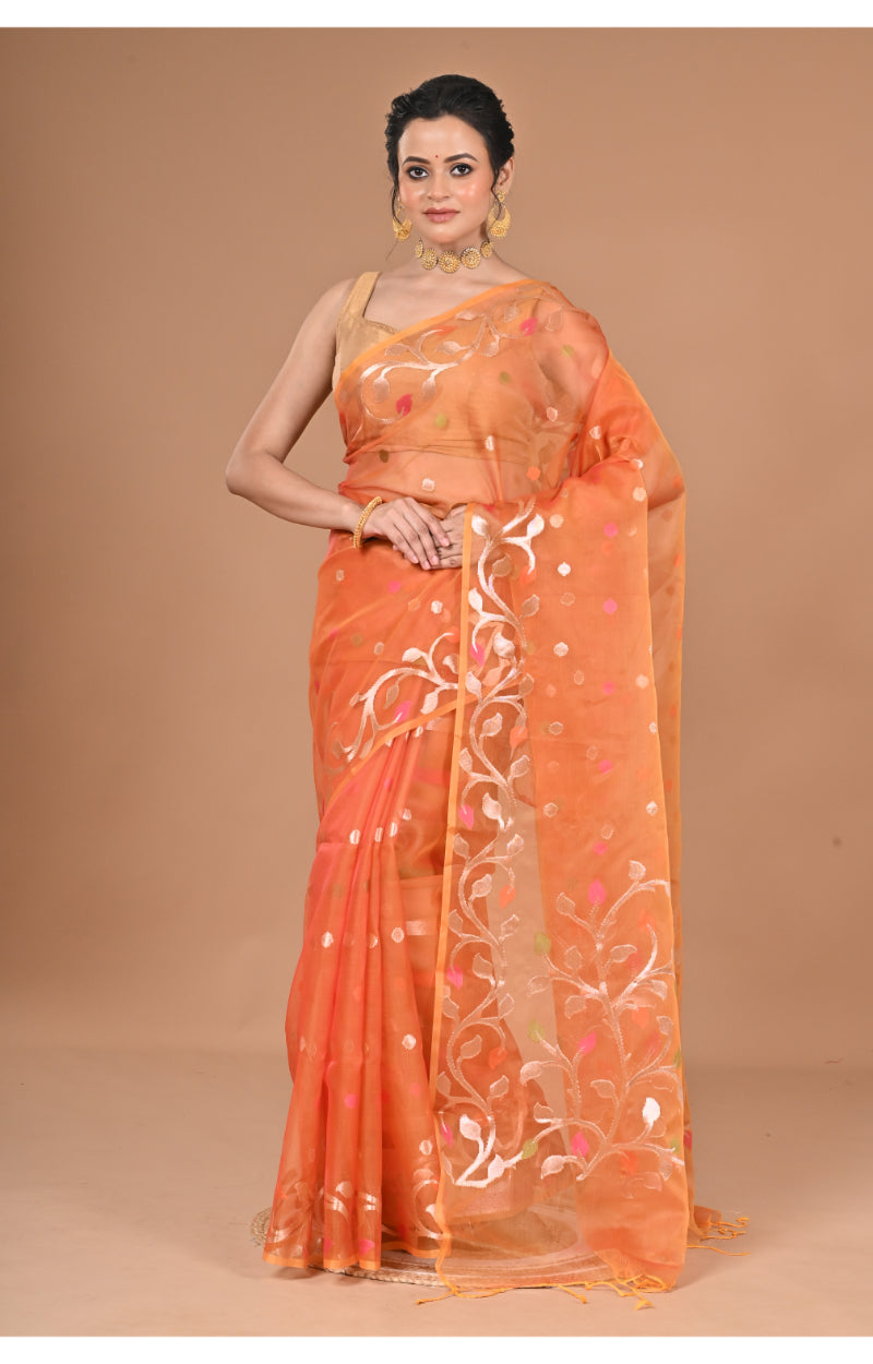 Morchari Heavy Jamdani Silk Orzanga Saree-Orange | Grocsy
