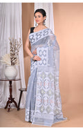 Morchari Pure Cotton Dhakai Jamdani Handloom Saree-Grey | Grocsy