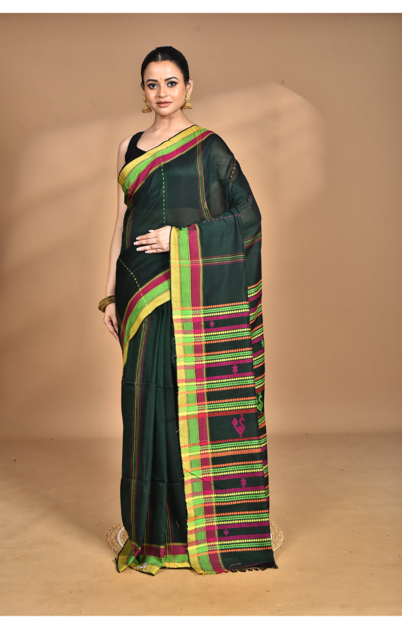 Morchari Pure Cotton Dhakai Jamdani Handloom Saree-Green | Grocsy