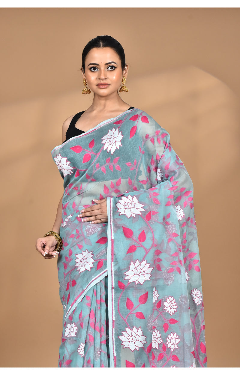 Morchari Pure Cotton Dhakai Jamdani Handloom Saree-Blue | Grocsy