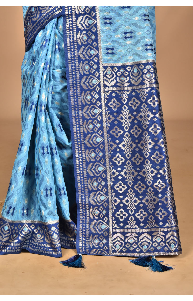 Morchari Women Desgin Kashmiri Silk Linen Saree-Blue | Grocsy