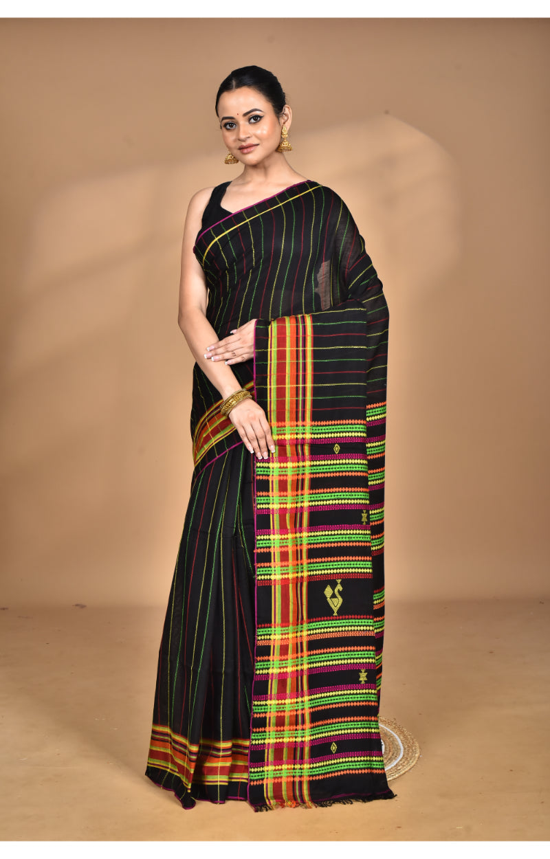 Morchari Pure Cotton Dhakai Jamdani Handloom Saree-Black | Grocsy