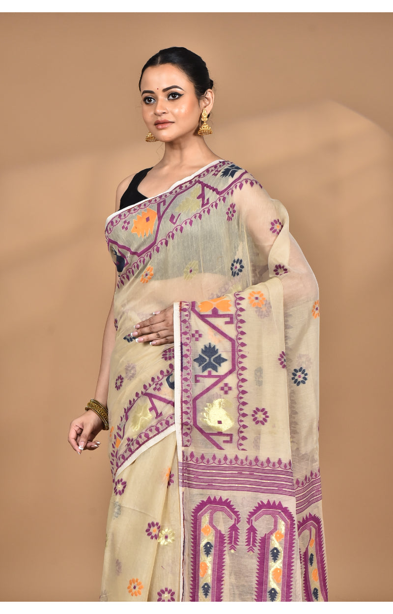 Morchari Pure Cotton Dhakai Jamdani Handloom Saree-Beige | Grocsy