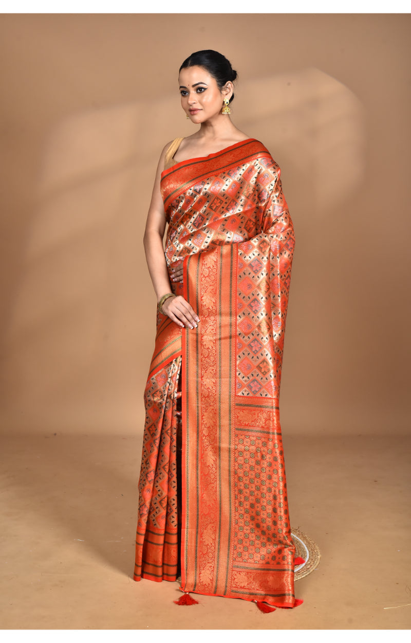Morchari Rajputana Kanjiviram Silk Saree-Orange | Grocsy