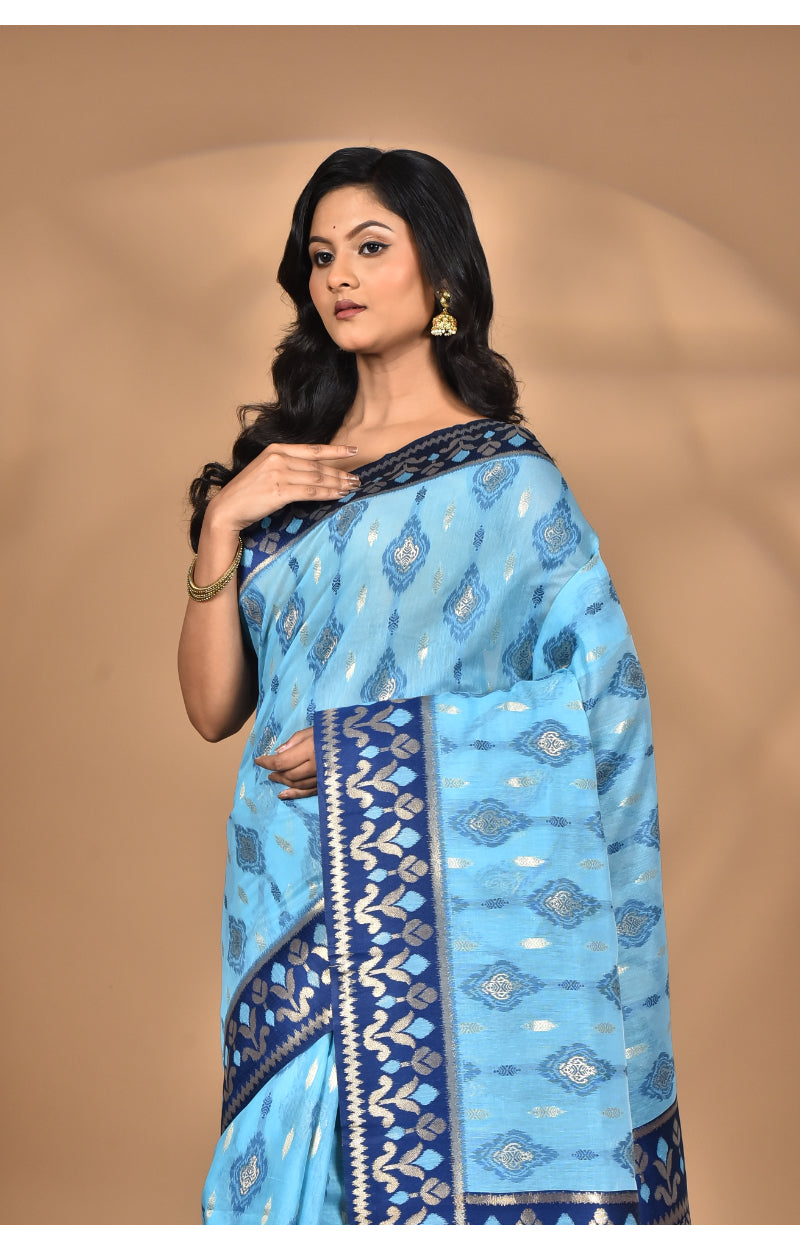 Morchari Women Desgin Kashmiri Silk Linen Saree-Blue | Grocsy