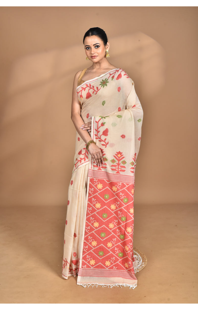 Morchari Pure Cotton Dhakai Jamdani Handloom Saree-Cream | Grocsy