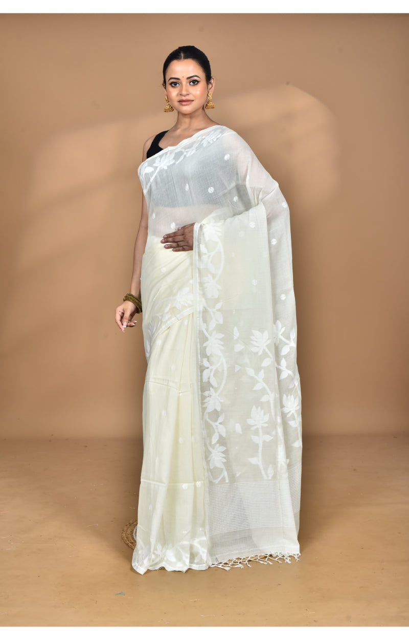 Morchari Pure Cotton Dhakai Jamdani Handloom Saree-Cream | Grocsy