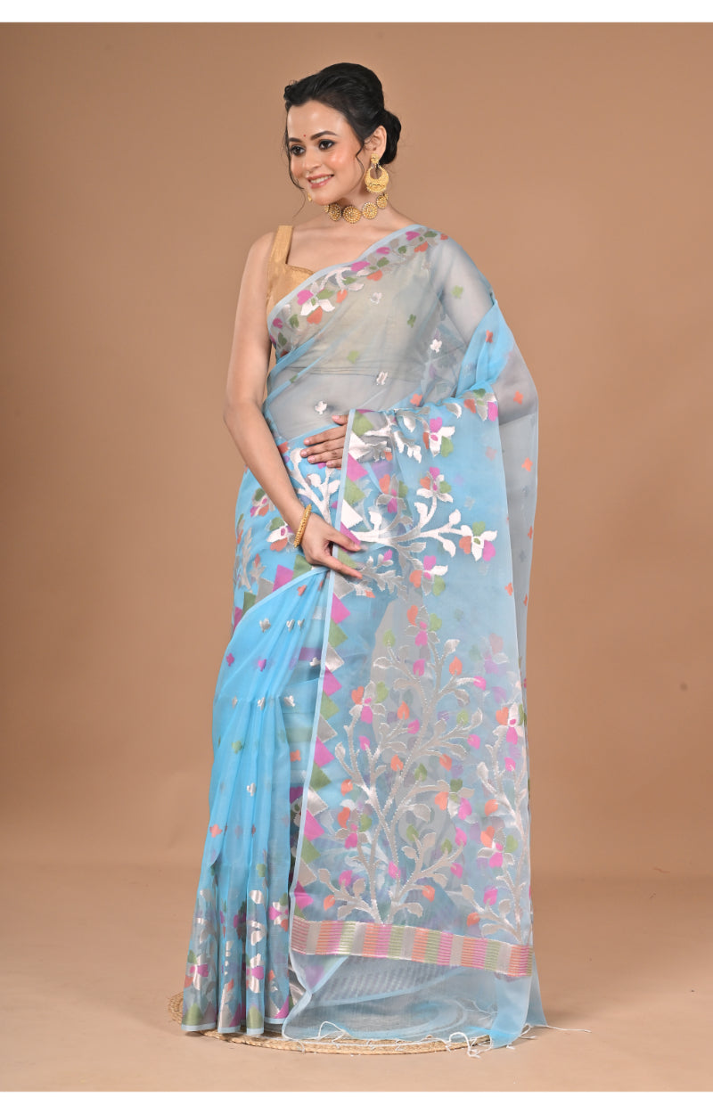 Morchari Heavy Jamdani Silk Orzanga Saree-Blue | Grocsy