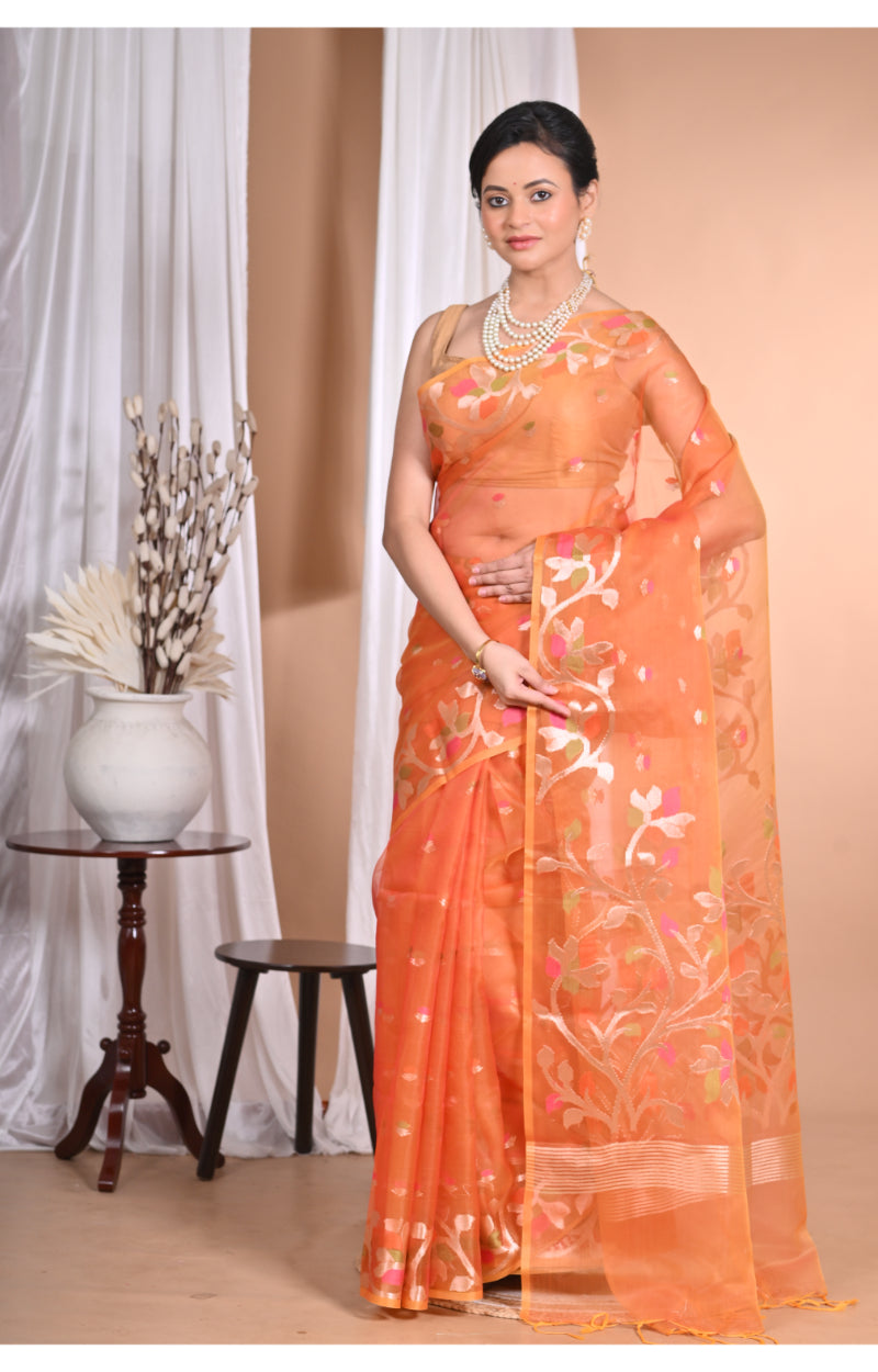 Morchari Heavy Jamdani Silk Orzanga Saree-Orange | Grocsy
