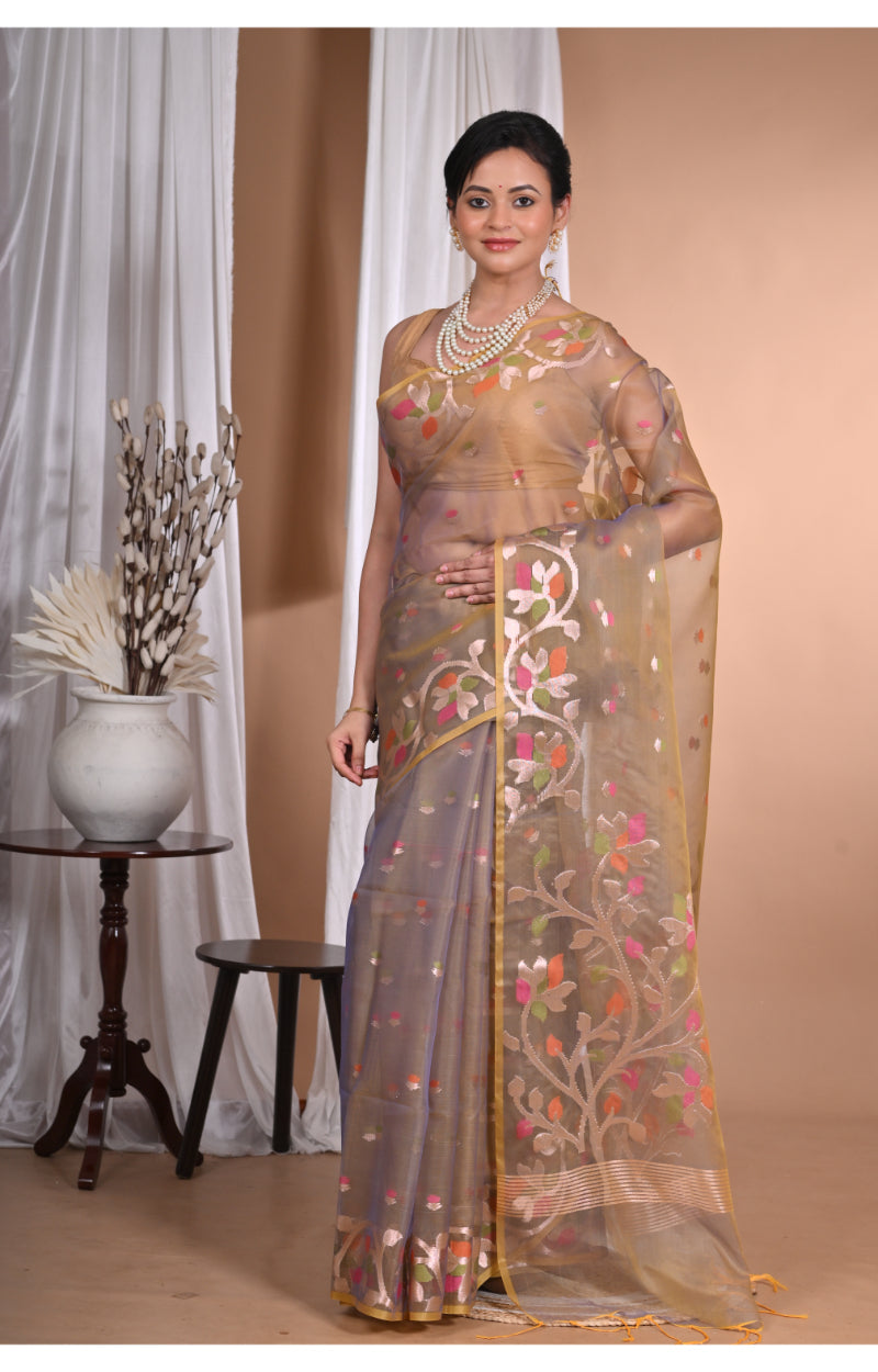 Morchari Heavy Jamdani Silk Orzanga Saree-Mehendi | Grocsy
