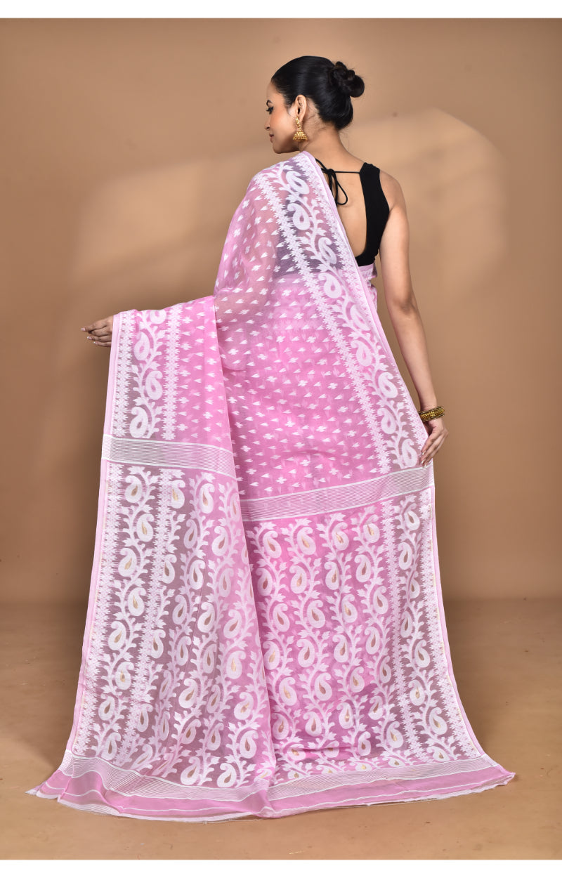 Morchari Pure Cotton Dhakai Jamdani Handloom Saree-Pink | Grocsy
