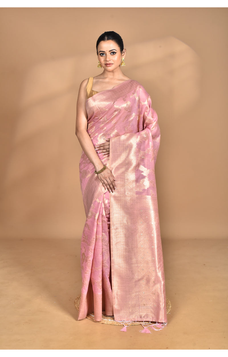 Morchari Banarasi Silk Chanderi Saree-Pink | Grocsy