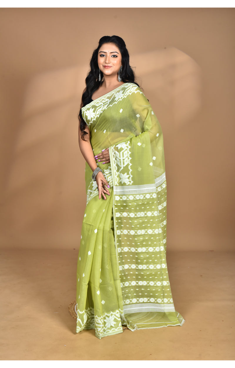 Morchari Pure Cotton Dhakai Jamdani Handloom Saree-Green | Grocsy