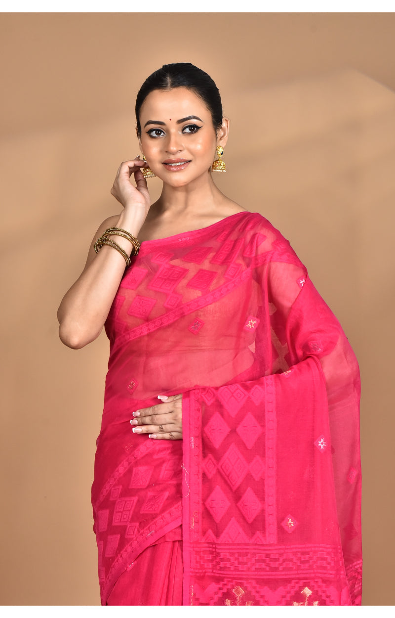 Morchari Pure Cotton Dhakai Jamdani Handloom Saree-Pink | Grocsy