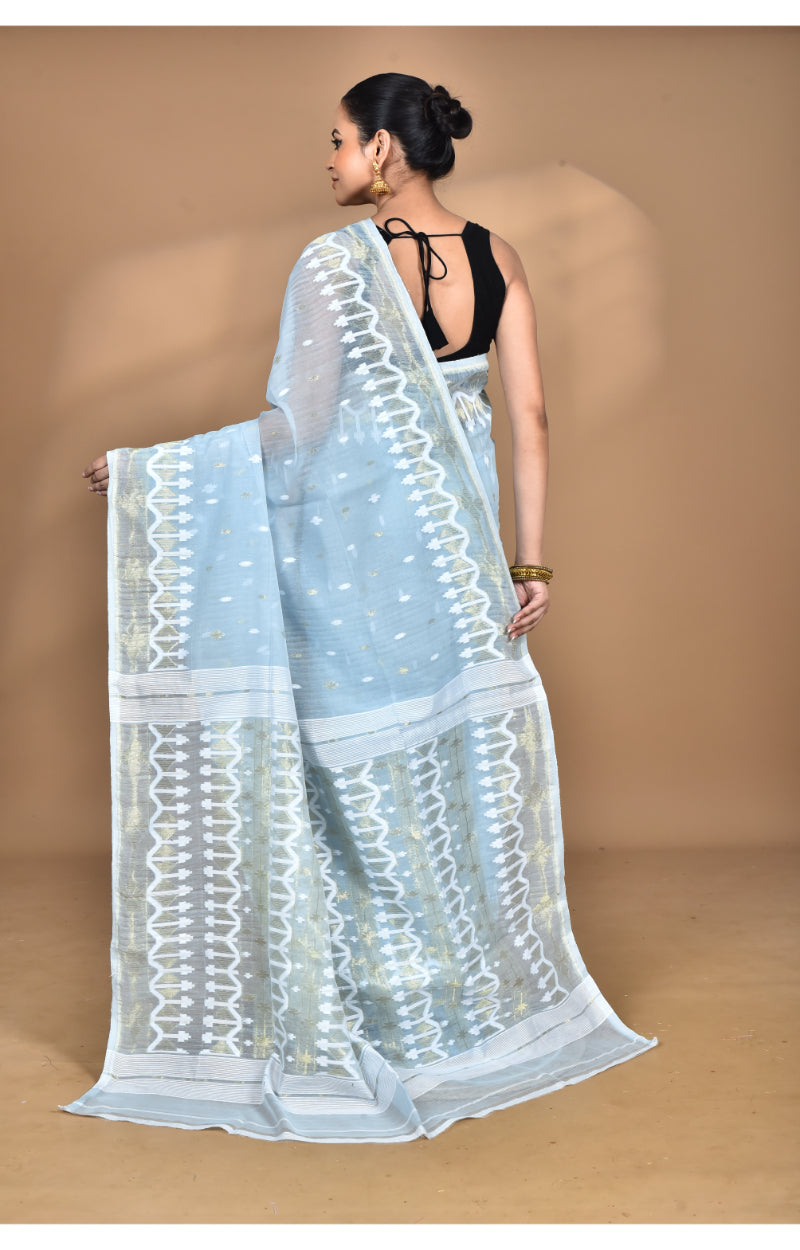 Morchari Pure Cotton Dhakai Jamdani Handloom Saree-Blue | Grocsy