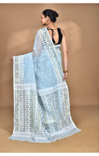 Morchari Pure Cotton Dhakai Jamdani Handloom Saree-Blue | Grocsy