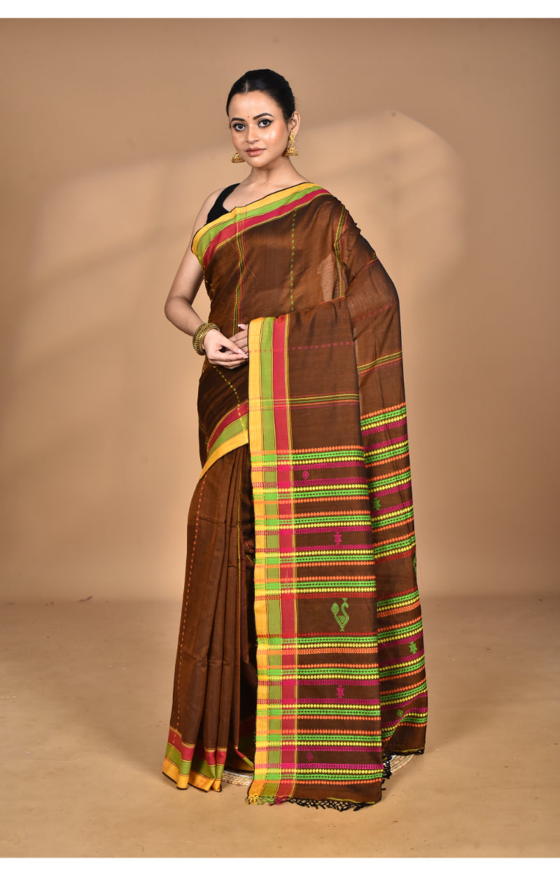 Morchari Pure Cotton Dhakai Jamdani Handloom Saree-Brown | Grocsy