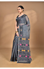 Morchari Pure Cotton Dhakai Jamdani Handloom Saree-Grey | Grocsy