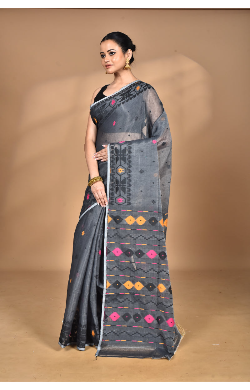 Morchari Pure Cotton Dhakai Jamdani Handloom Saree-Grey | Grocsy