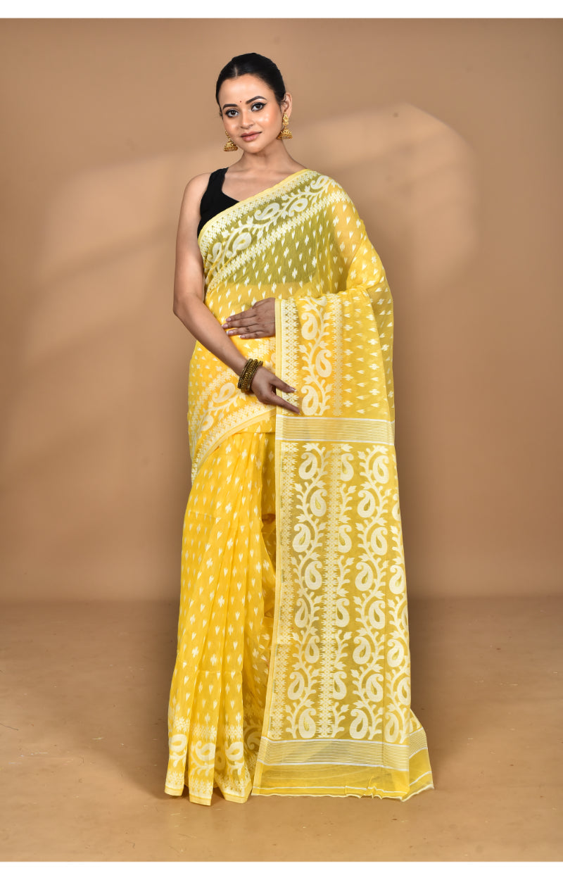 Morchari Pure Cotton Dhakai Jamdani Handloom Saree-Yellow | Grocsy