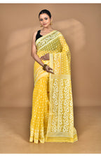 Morchari Pure Cotton Dhakai Jamdani Handloom Saree-Yellow | Grocsy