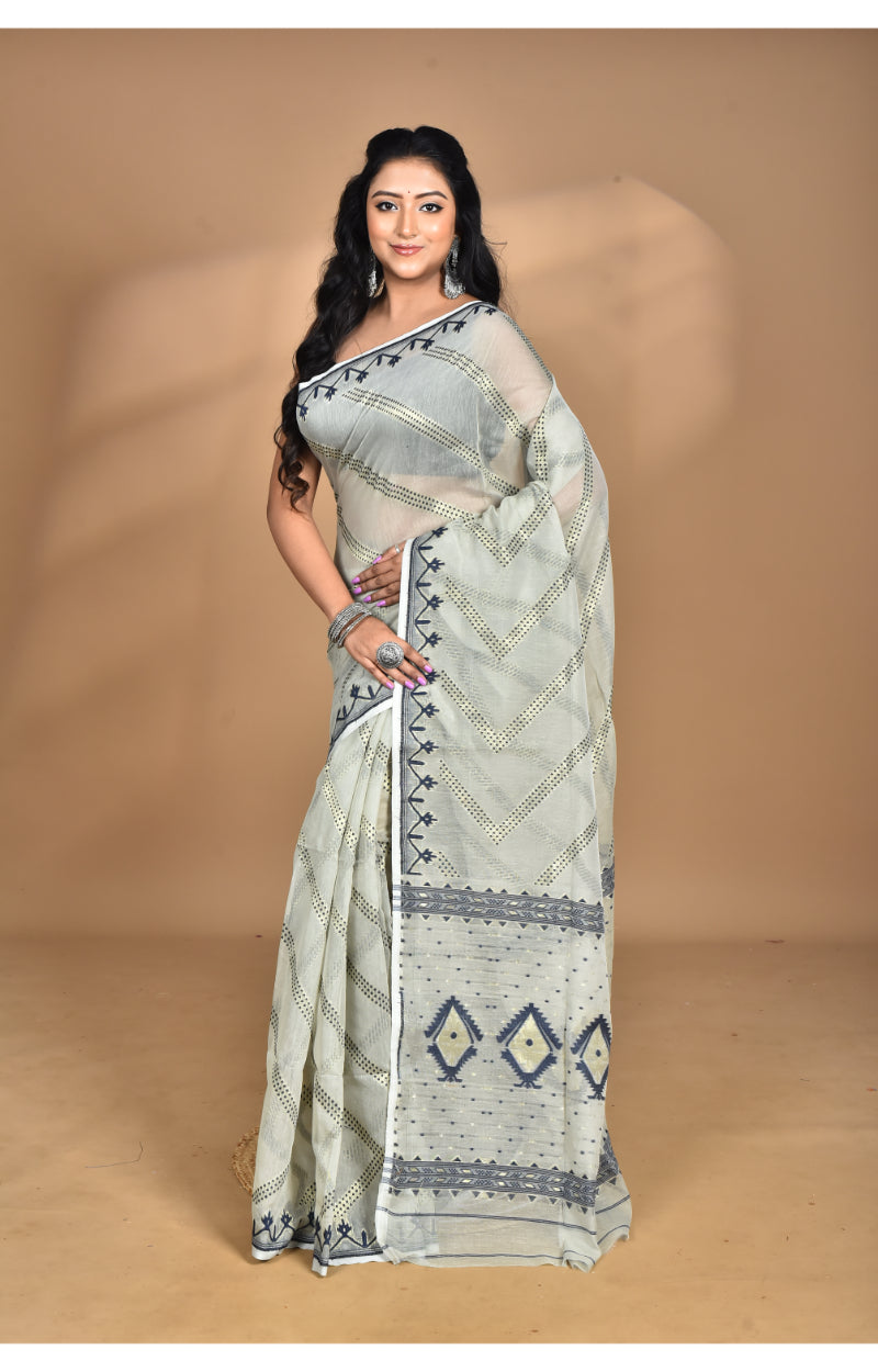 Morchari Pure Cotton Dhakai Jamdani Handloom Saree-Grey | Grocsy
