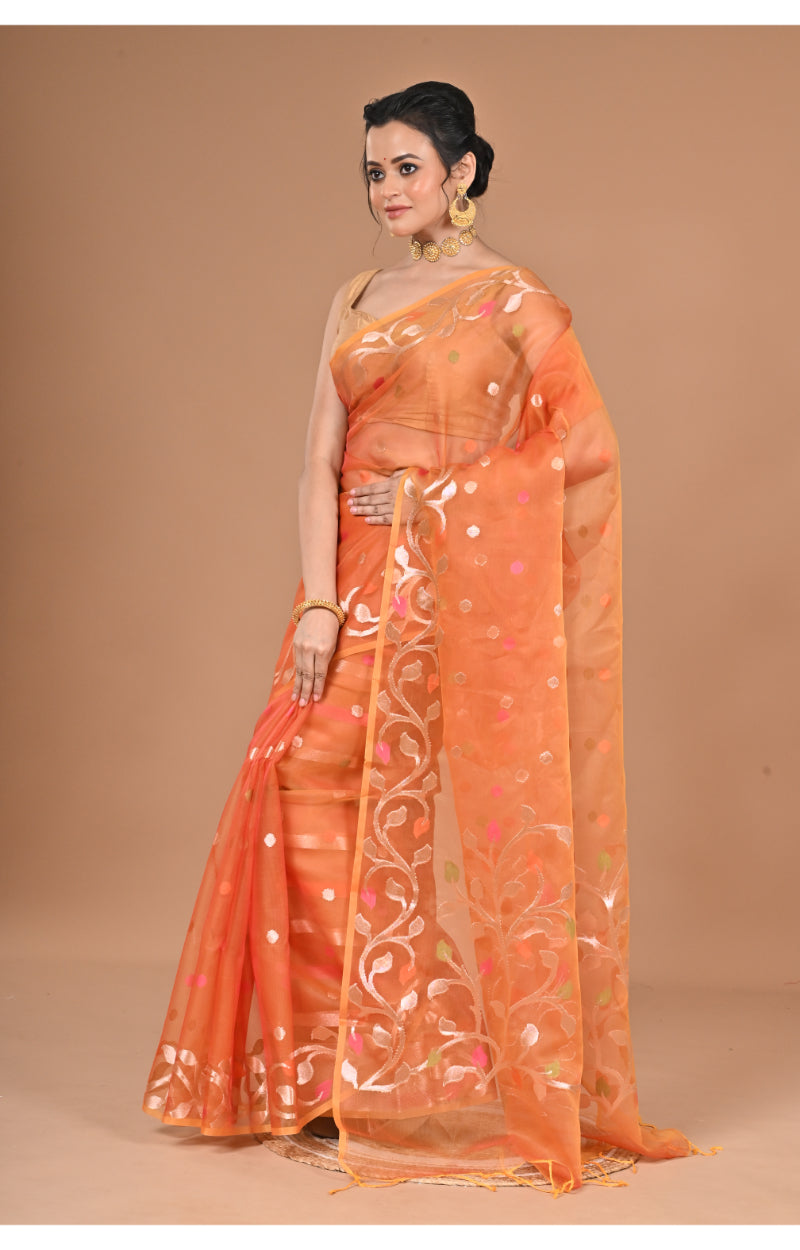 Morchari Heavy Jamdani Silk Orzanga Saree-Orange | Grocsy