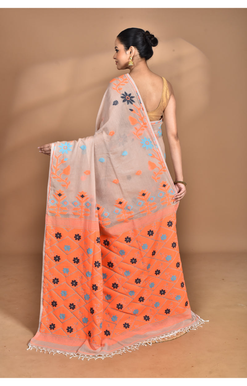 Morchari Pure Cotton Dhakai Jamdani Handloom Saree-Beige | Grocsy
