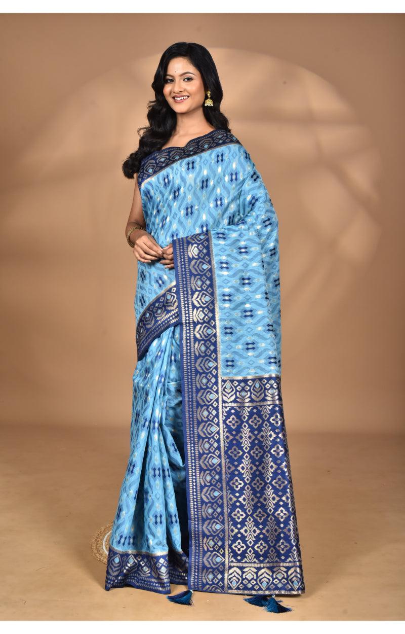 Morchari Women Desgin Kashmiri Silk Linen Saree-Blue | Grocsy