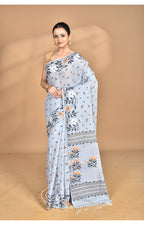 Morchari Pure Cotton Dhakai Jamdani Handloom Saree-Grey | Grocsy
