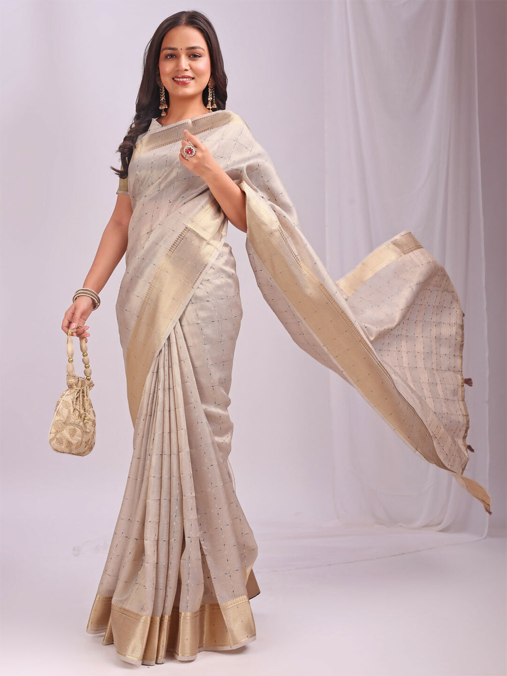 Shree Shyam Fashion Organza Cream Saree | Grocsy