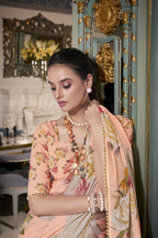 Vastranavya Peach Spectacular Georgette Printed with Pearl Lace Saree with Unstitched Blouse | Grocsy