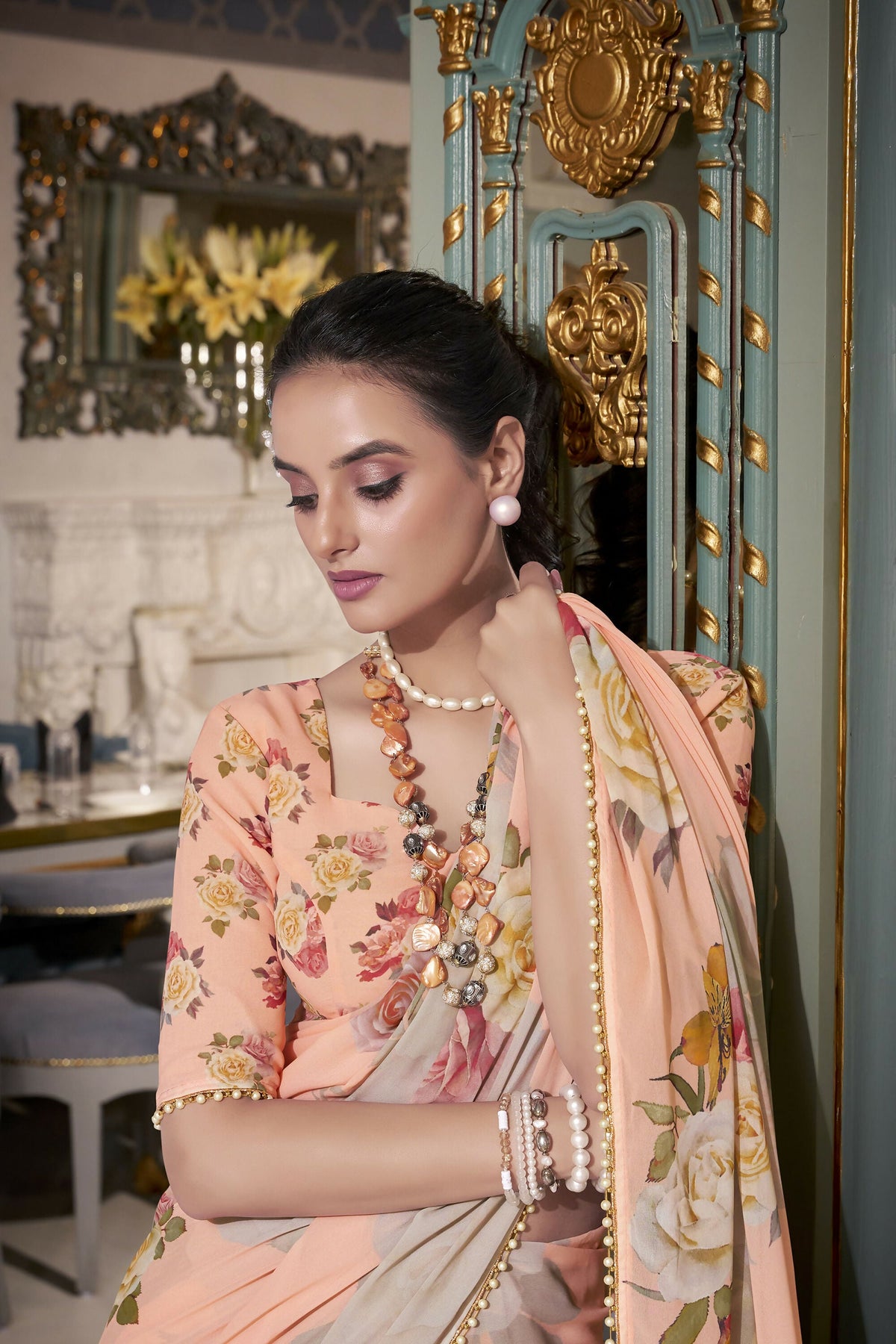 Vastranavya Peach Spectacular Georgette Printed with Pearl Lace Saree with Unstitched Blouse | Grocsy