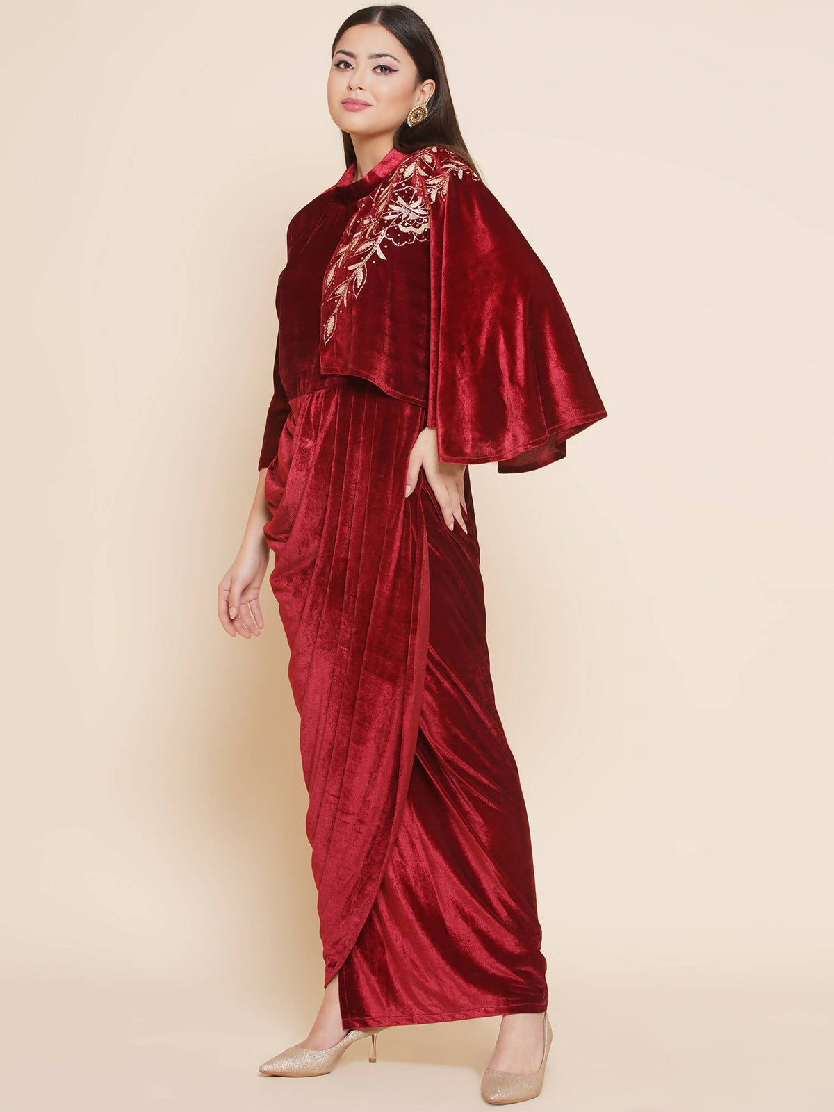 Women Republic Maroon Velvet Drape Styel Gown | Grocsy