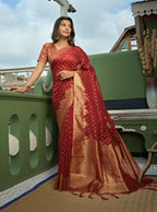 Delightful Designer Maroon Color Organza Silk Saree With Weaving Work - Yomika Fashions | Grocsy
