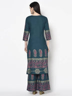 Aniyah Rayon Teal Blue Color Block Print Straight Kurta (AN-224K) | Grocsy