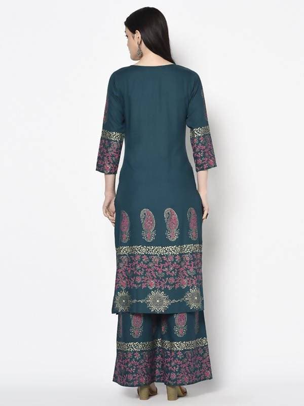 Aniyah Rayon Teal Blue Color Block Print Straight Kurta (AN-224K) | Grocsy
