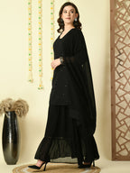 Myshka Women's Black Georgette Kurti & Skirt With Dupatta Party Sets | Grocsy