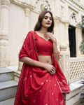 Lorenvalley Red Pure Chanderi Plain With Zari Weaving Work Border Lehenga Choli | Grocsy