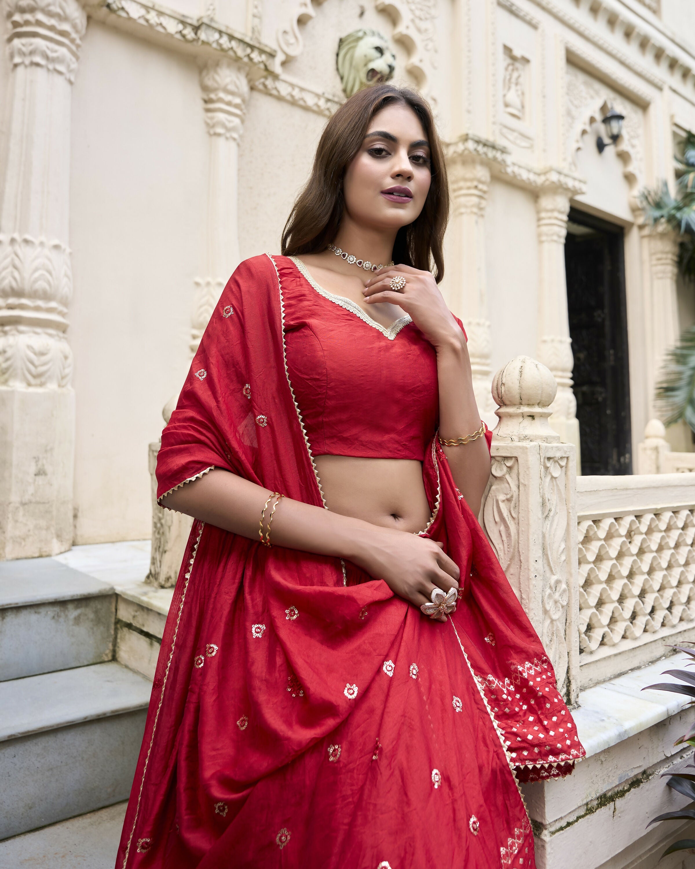 Lorenvalley Red Pure Chanderi Plain With Zari Weaving Work Border Lehenga Choli | Grocsy