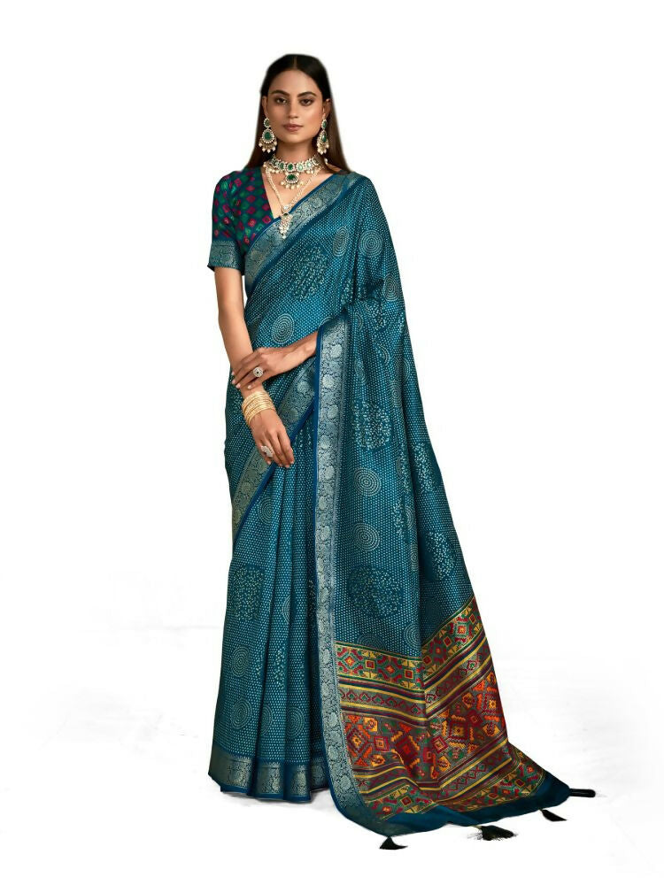 Joban Fashion Blue Velvet Tussar Silk with Foil Print Saree | Grocsy