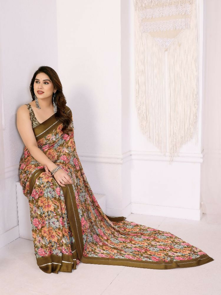 PR Fashion Cream Bright Moss Satin Patta Printed Saree | Grocsy