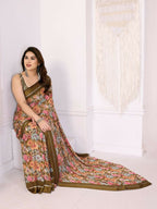 PR Fashion Cream Bright Moss Satin Patta Printed Saree | Grocsy