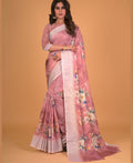 Mauve Cotton Silk Floral Printed Saree With Unstitched Blouse Piece - Akshita | Grocsy