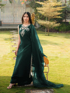 Nikhaar Dark Green Embroidered Art Silk Stitched A Line Kurta Palazzo Dupatta Readymade Suit | Grocsy