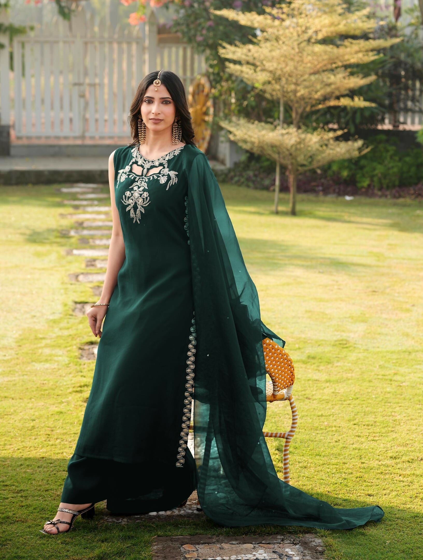 Nikhaar Dark Green Embroidered Art Silk Stitched A Line Kurta Palazzo Dupatta Readymade Suit | Grocsy