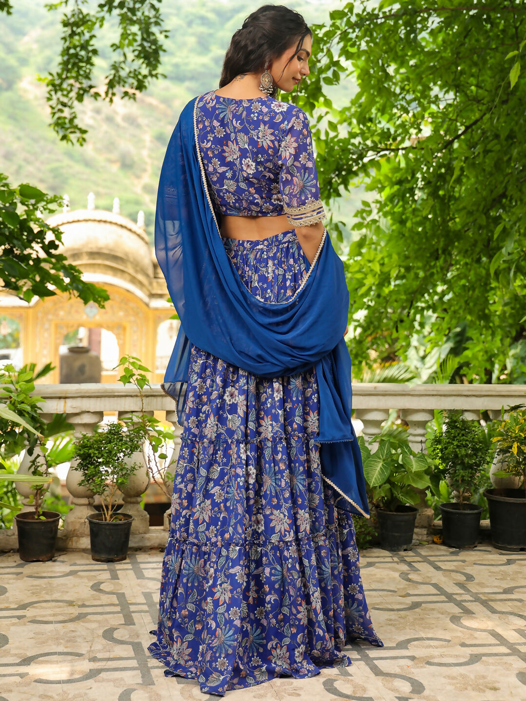 Janasya Blue Georgette Floral Lehenga Choli Dupatta | Grocsy
