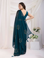Teal Blue Rangoli Silk Diamond Work Ready To Wear Saree - Tamana | Grocsy