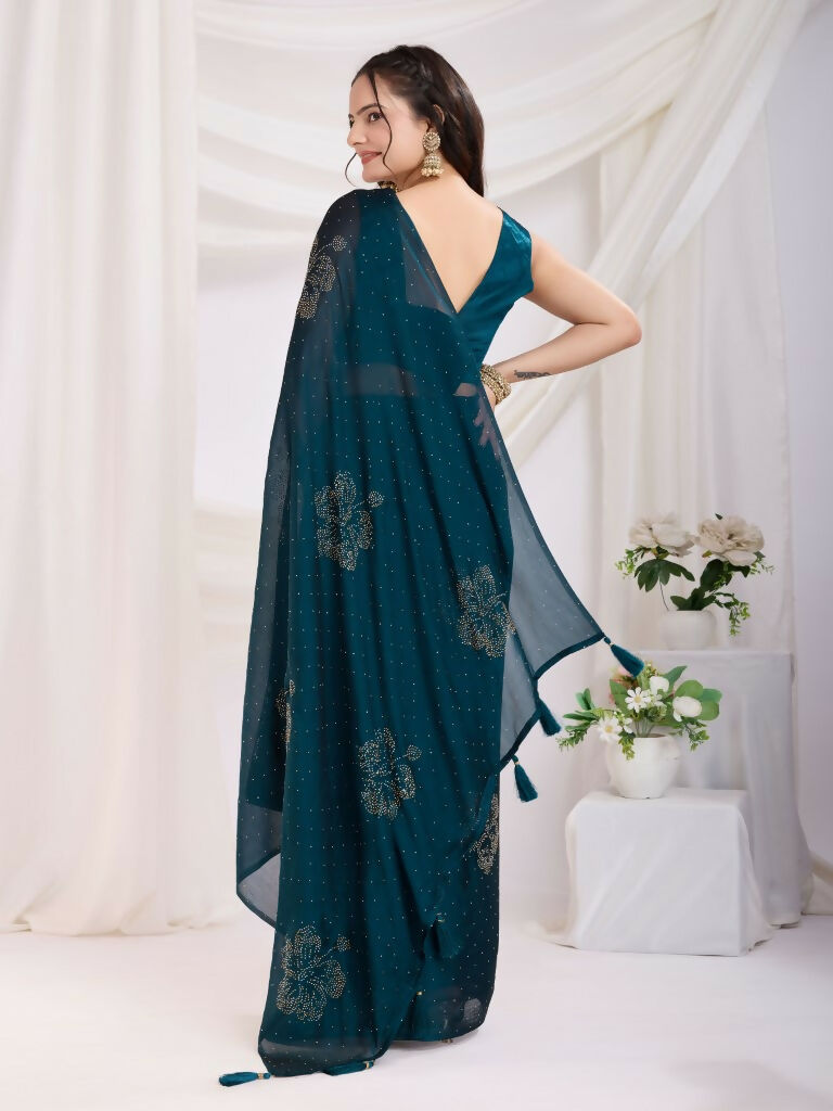 Teal Blue Rangoli Silk Diamond Work Ready To Wear Saree - Tamana | Grocsy